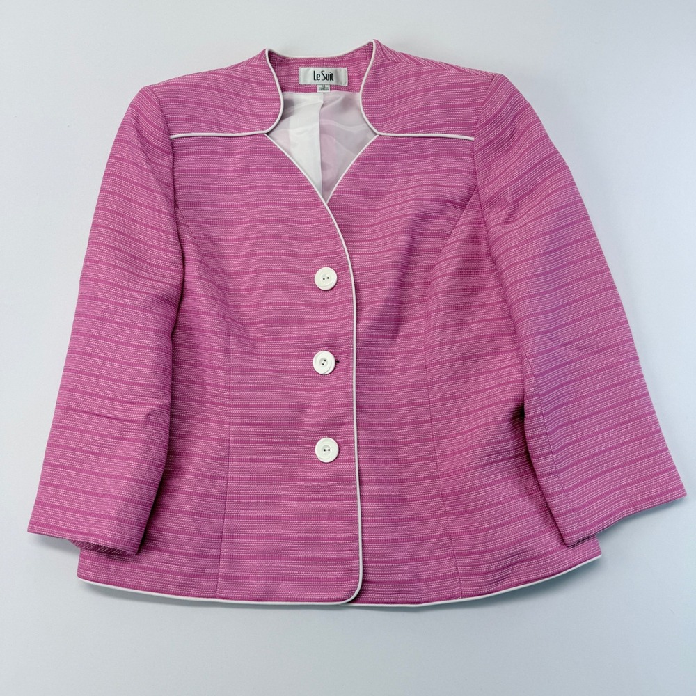 Le Suit Pink Textured Blazer White Piping Stand Collar Jacket Size 14